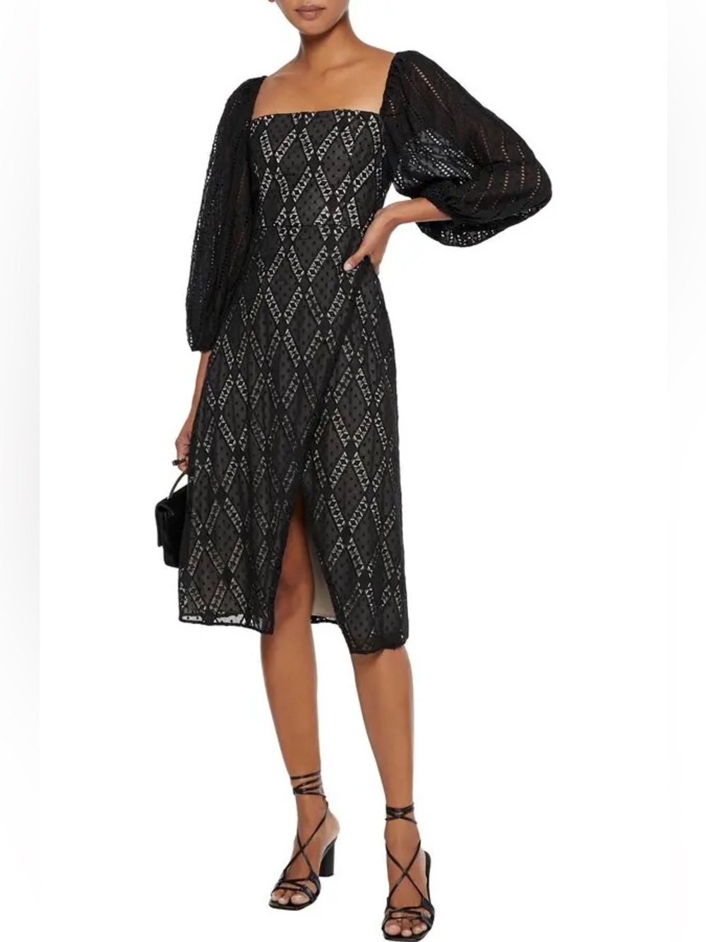 NWT Alice + Olivia Tania Swiss Dot Crochet Trim Dress 2 Black